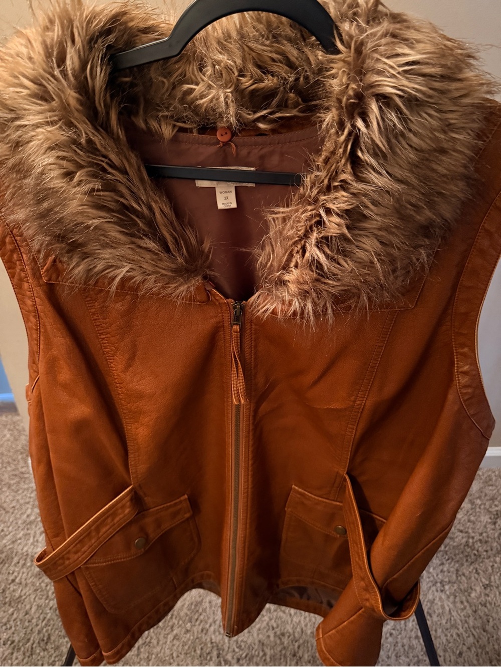 dressbarn Tan Brown Faux-Fur Collar Leather-Look Vest